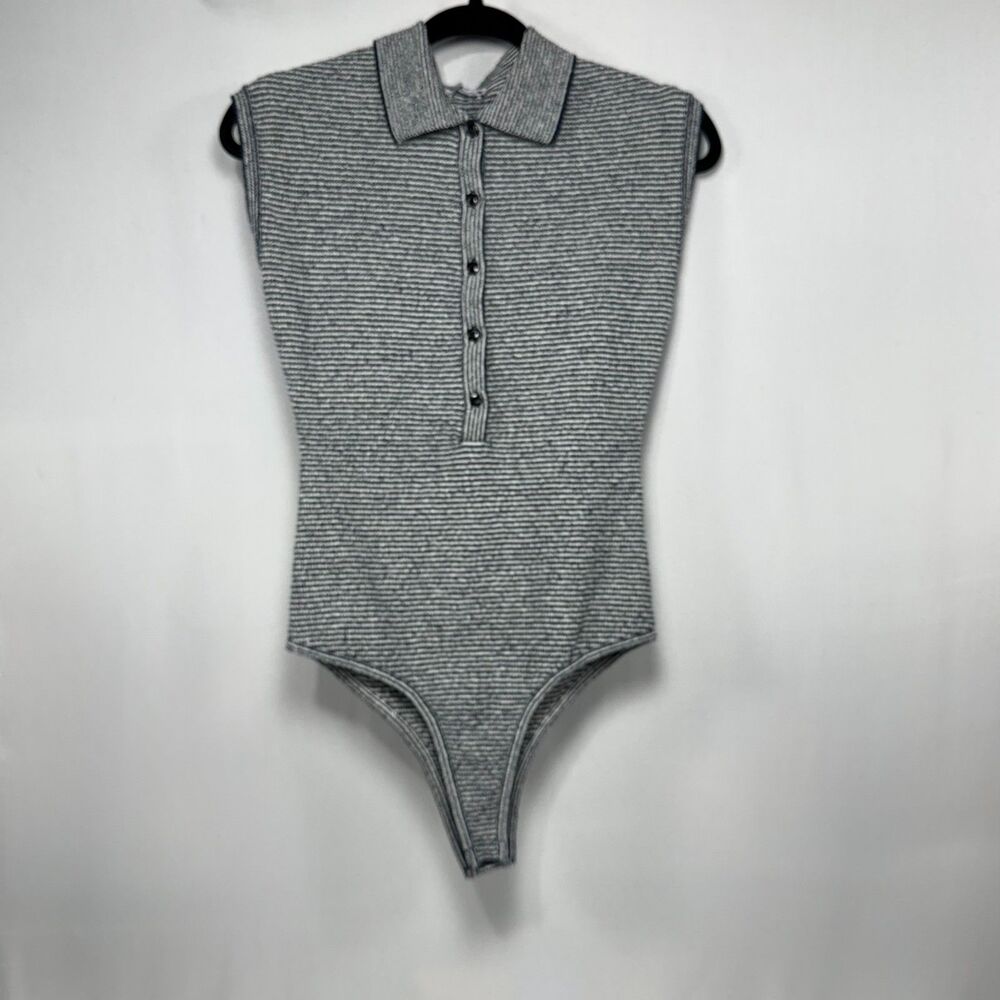 Striped Ribbed Knit Zara Polo Collar Sleeveless Bodysuit Size S Small - Picture 2 of 8